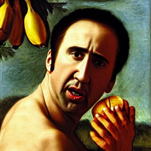 Image similar to highly detailed oil painting of nicolas cage in a banana, 4 k, in the style of caravaggio, monet, botticelli and dali