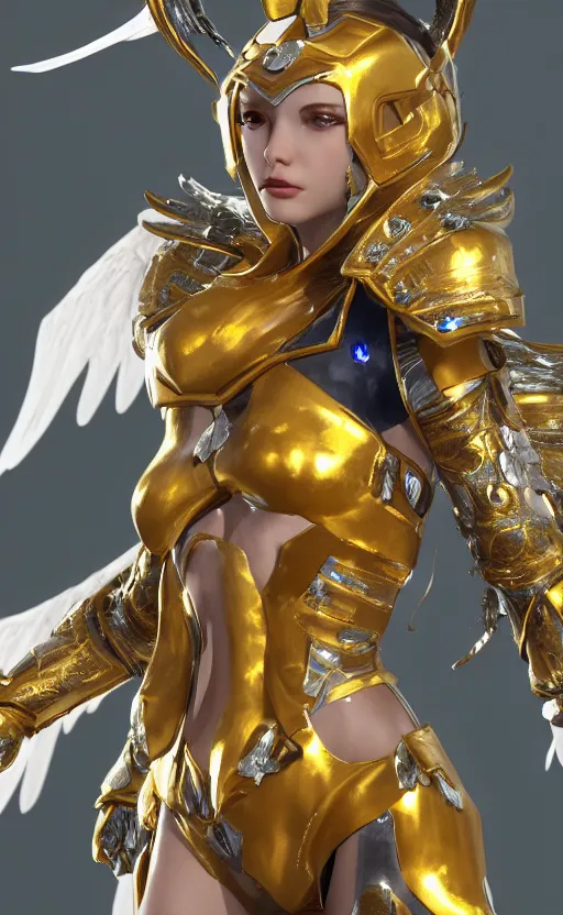 Image similar to Concept art, angel knight girl in golden and silver armor adorned with sapphire gems, artstation trending, octane render, cinematic, highly detailded