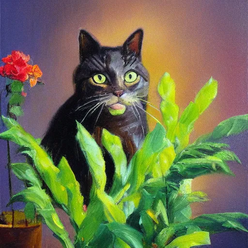 Prompt: palette knife oil painting of a cat surrounded by plants