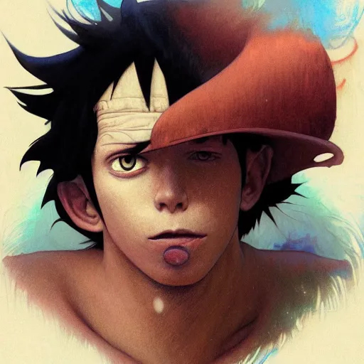 Image similar to highly detailed vfx portrait of monkey d. luffy, stephen bliss, greg rutkowski, loish, rhads, beeple, makoto shinkai, tom bagshaw, alphonse mucha, global illumination, sharp focus, art by artgerm and greg rutkowski, stanley kubrick, best of behance, cinematic lighting, frowning, mouth closed,