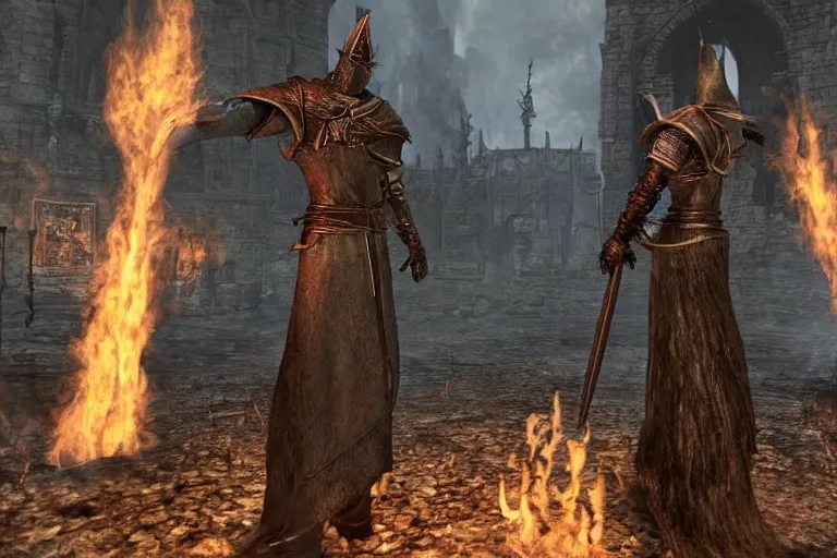 Prompt: jerry seinfeld standing in firelink shrine from dark souls