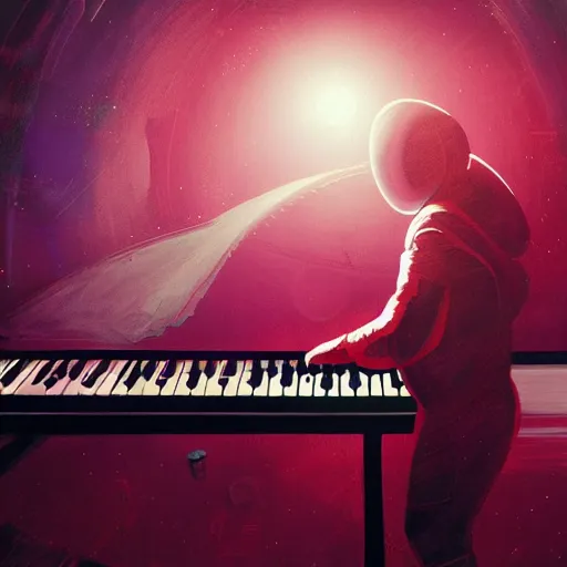 Prompt: astronaut playing keyboard by ben templesmith, digital painting, digital art, beautiful, cinematic, 4 k, ultra hd, art by ben templesmith, dynamic lighting, black and red color scheme