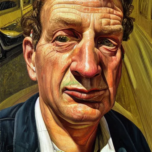 Prompt: high quality high detail painting by lucian freud, hd, portrait of bus driver, photorealistic lighting