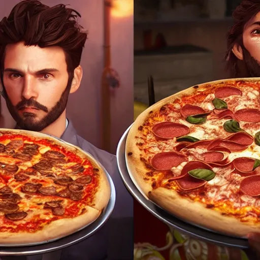 Prompt: man is surprised by pizza, photo by artgerm, greg rutkowski and alphonse mucha, unreal engine 5, 4 k uhd