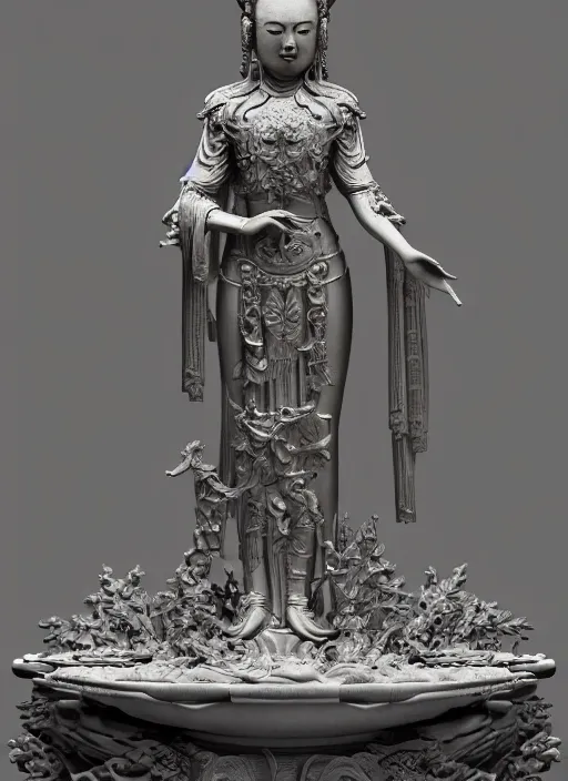 Image similar to a art deco sculpture statue of full body guanyin, intricate complexity,, statue by jane hamilton, ruan jia, character concept, radiant light,, frostbite 3 engine, cryengine, dof, trending on artstation, digital art, fantasy detailed abackground