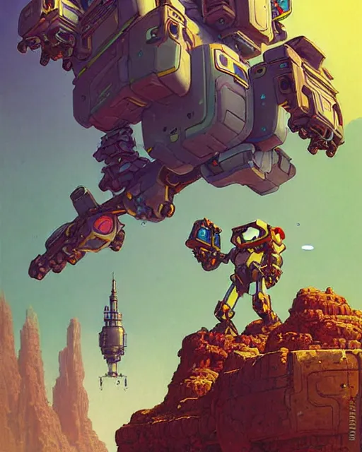 Image similar to bastion the friendly robot from overwatch, with his pet bird, character portrait, portrait, close up, concept art, intricate details, highly detailed, vintage sci - fi poster, retro future, in the style of chris foss, rodger dean, moebius, michael whelan, katsuhiro otomo, and gustave dore