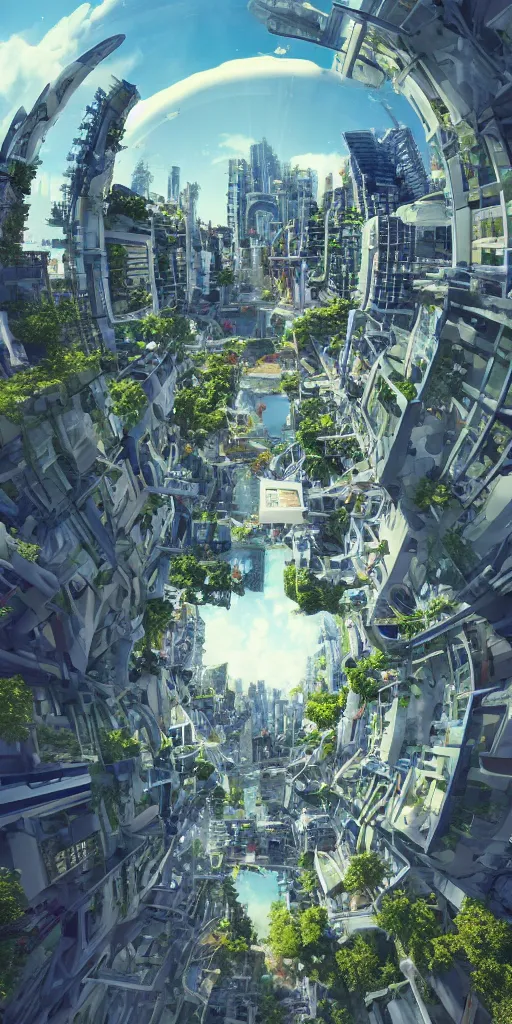 Image similar to Bustling photorealistic!!! utopian city reimagined by Max Hay, inverted fisheye lens!!!, eyelevel!!! view!!! photography, trending on artstation, 4k, 8k, lens distortion, chromatic aberration, soft focus blur, photorealistic imagery, photorealistic details, intricate, highly detailed, artstation 3d, artstation render, artstation 3d render, 3d art, unreal engine 3d, octane 3d, blender 3d, 3d landscape