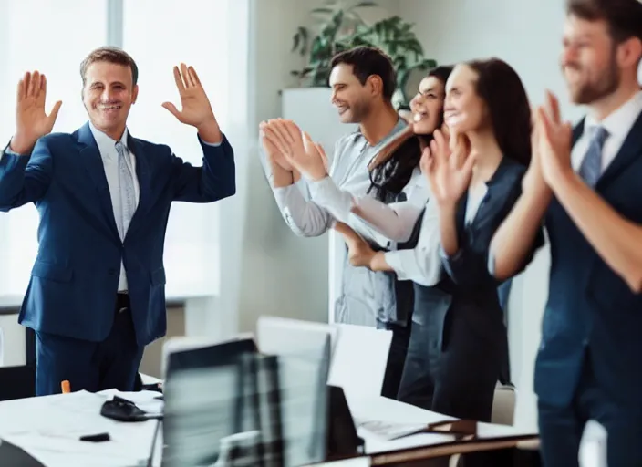 Image similar to realistic man in office waving goodbye to group of people