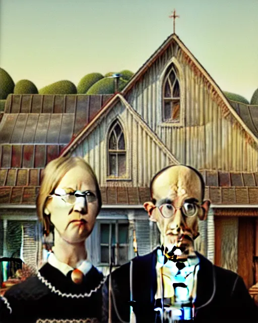 Prompt: American Gothic in the style of Jonathan Zawada glass neon sharp focus