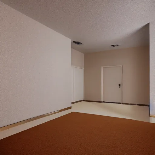 Prompt: an ominous endless space of empty connecting rooms with vanilla colored wallpaper and brown carpet, no windows