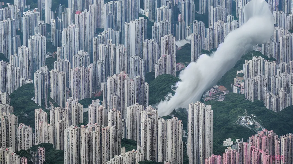 Image similar to a tornado ripping through the city of hong kong, aerial photography,