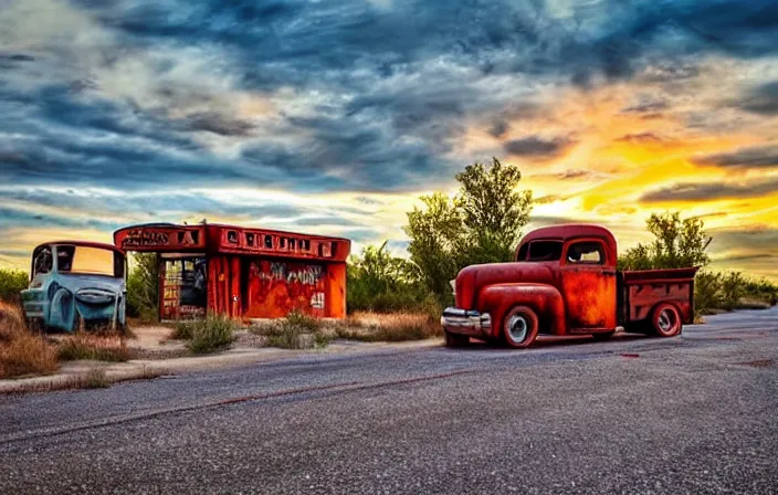 Prompt: A beautiful colorful evening scene of route66 with abandoned gas station and rusty old pickup truck, hyper realistic, blinding backlight evening sun