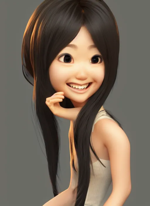 Image similar to a cute asian girl smiling, flowing hair in the style of pixar animation, full body shot, viewed from bellow, award winning, hyper detailed, studio lighting, artstation, octane renderer, unreal engine
