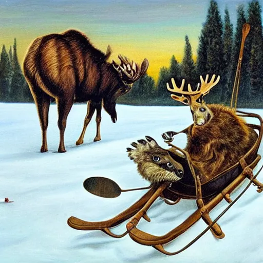 Prompt: moose, dali, surrealism, canada goose, sled, raccoon with a banjo, snowy field