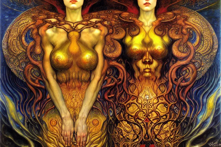 Image similar to Divine Chaos Engine by Karol Bak, Jean Delville, William Blake, Gustav Klimt, and Vincent Van Gogh, symbolist, visionary