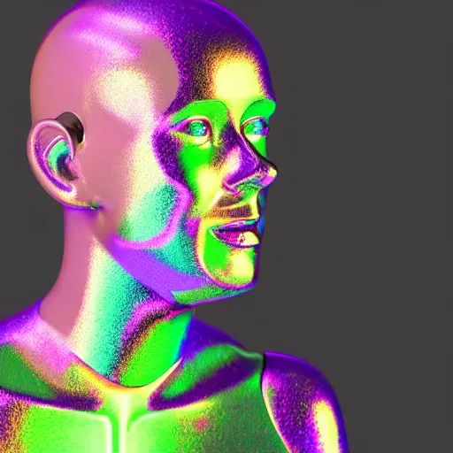 Image similar to 3d render of holographic human robotic head made of glossy iridescent, surrealistic 3d illustration of a human face non-binary, non binary model, 3d model human, cryengine, made of holographic texture, holographic material, holographic rainbow, concept of cyborg and artificial intelligence