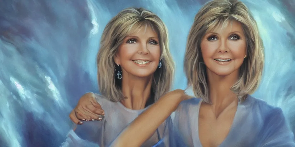 Image similar to Olivia Newton John in heaven, cinematic lighting, detailed oil painting, hyperrealistic, 8k