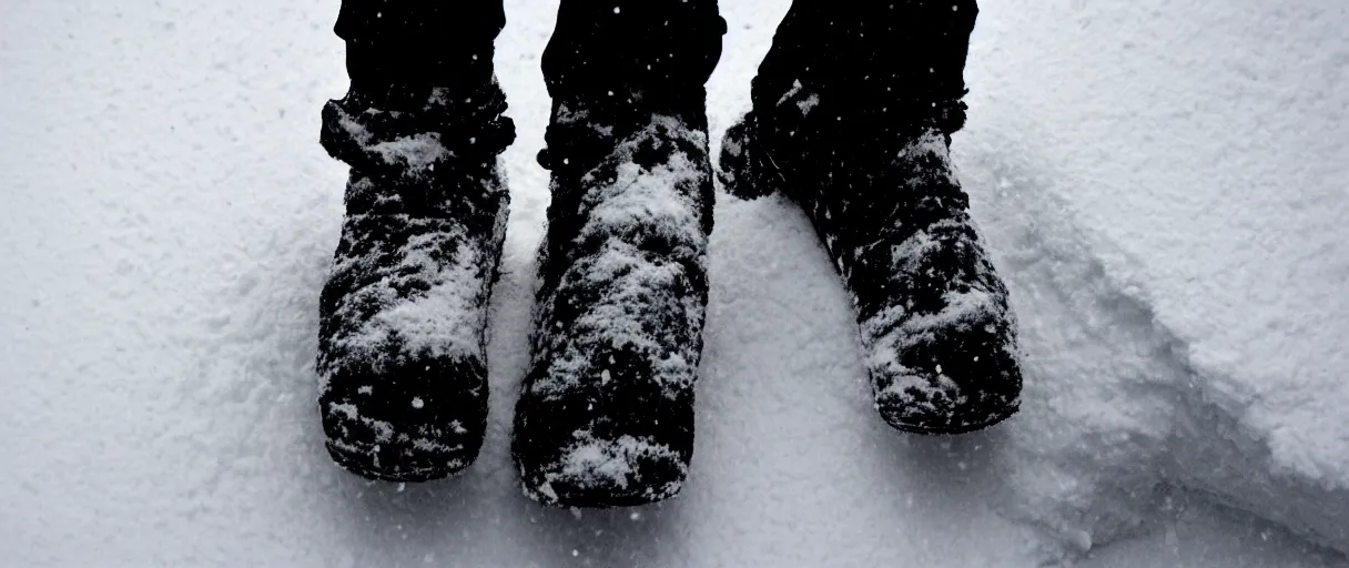 Image similar to top view extreme closeup movie like 3 5 mm film photograph of the silhouette of a man's boots walking through the antarctic snow during a heavy blizzard