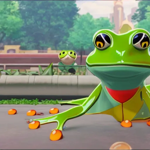 Image similar to frog pokemon trainer, wes anderson, screenshot from pokemon sword and shield