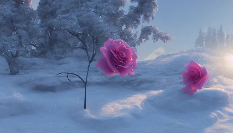 Prompt: rose in the snow, bright sunlight, volumetric light, hyperdetailed, artstation, cgsociety, 8 k