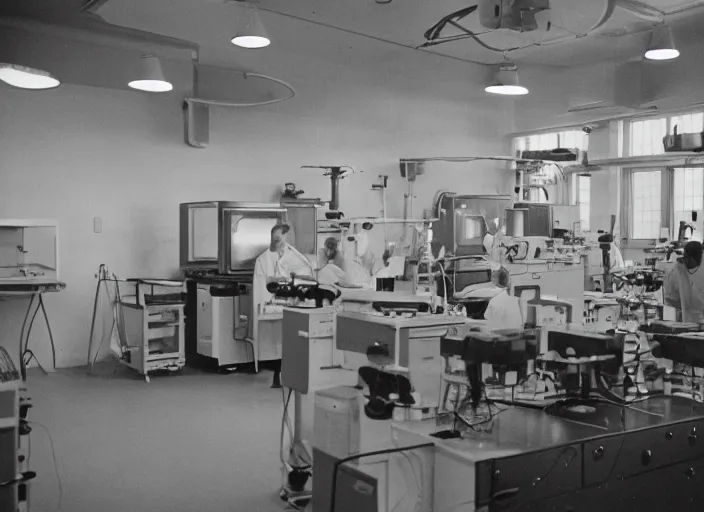 Prompt: a 3 5 mm photo of the interior of a scientific laboratory in the 1 9 5 0 s, bokeh, canon 5 0 mm, cinematic lighting, dramatic, film, photography, golden hour, depth of field, award - winning, 3 5 mm film grain, retro, film, kodachrome