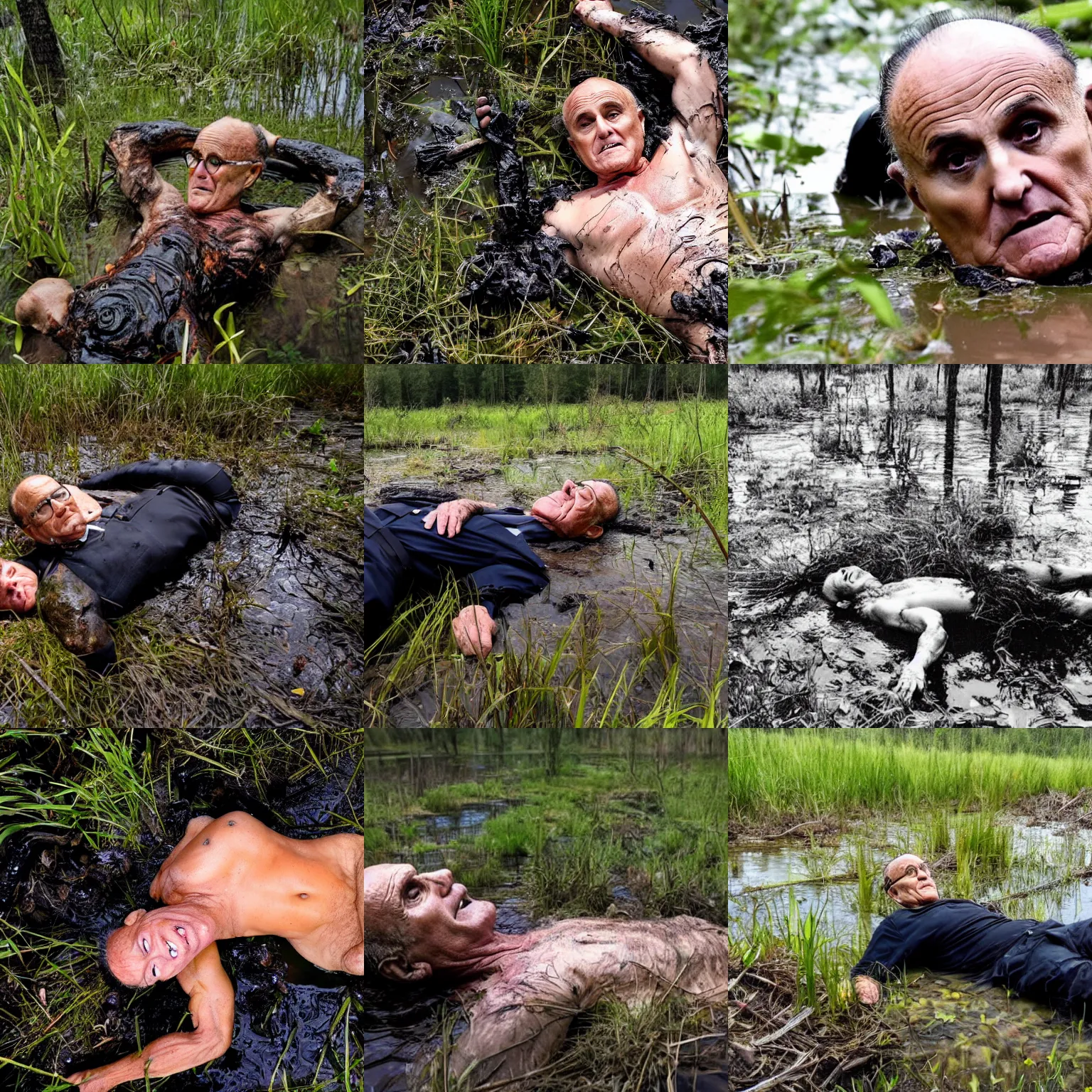 Prompt: trail cam photo of Rudy Giuliani in a swamp, laying on his back, covered in black putrid filth