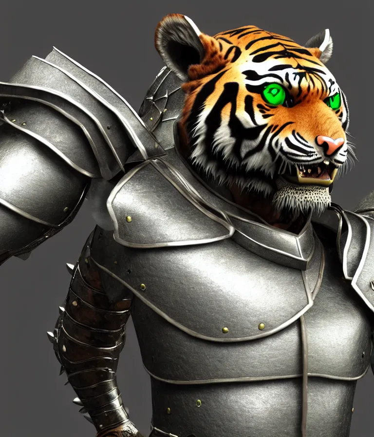 Prompt: 8 k ultrarealistic character concept of a tiger knight in silver armor and jade leather