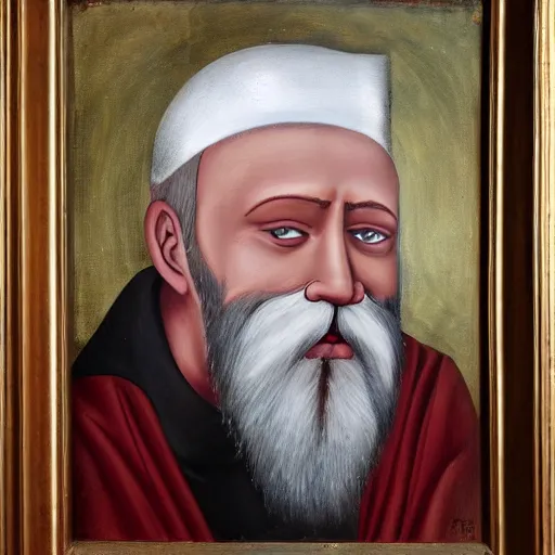 Prompt: Impressive portrait of a Catholic priest with red hair, a white beard, and brilliant silver eyes. Oil on canvas.