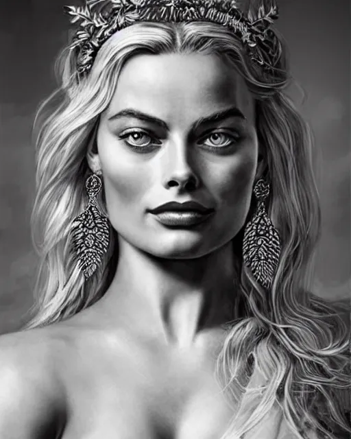 Prompt: tattoo sketch of beautiful margot robbie as aphrodite the greek goddess wearing a laurel wreath and arrowhead earrings, beautiful piercing eyes with small pupils, sexy look, beautiful blonde hair, hyper realistic face, in the style of greg rutkowski, fantasy, amazing detail, epic, elegant, smooth, sharp focus