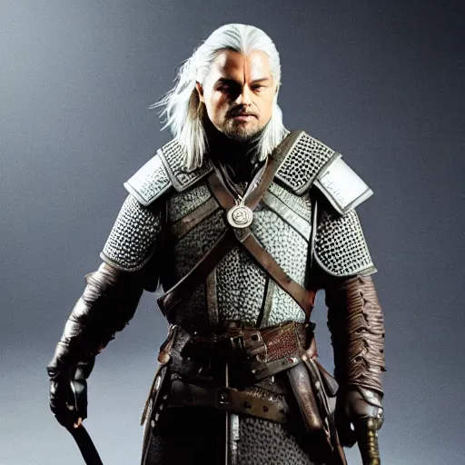 Image similar to Leonardo Dicaprio wearing Geralt of Rivia\'s armor, promo shoot, studio lighting