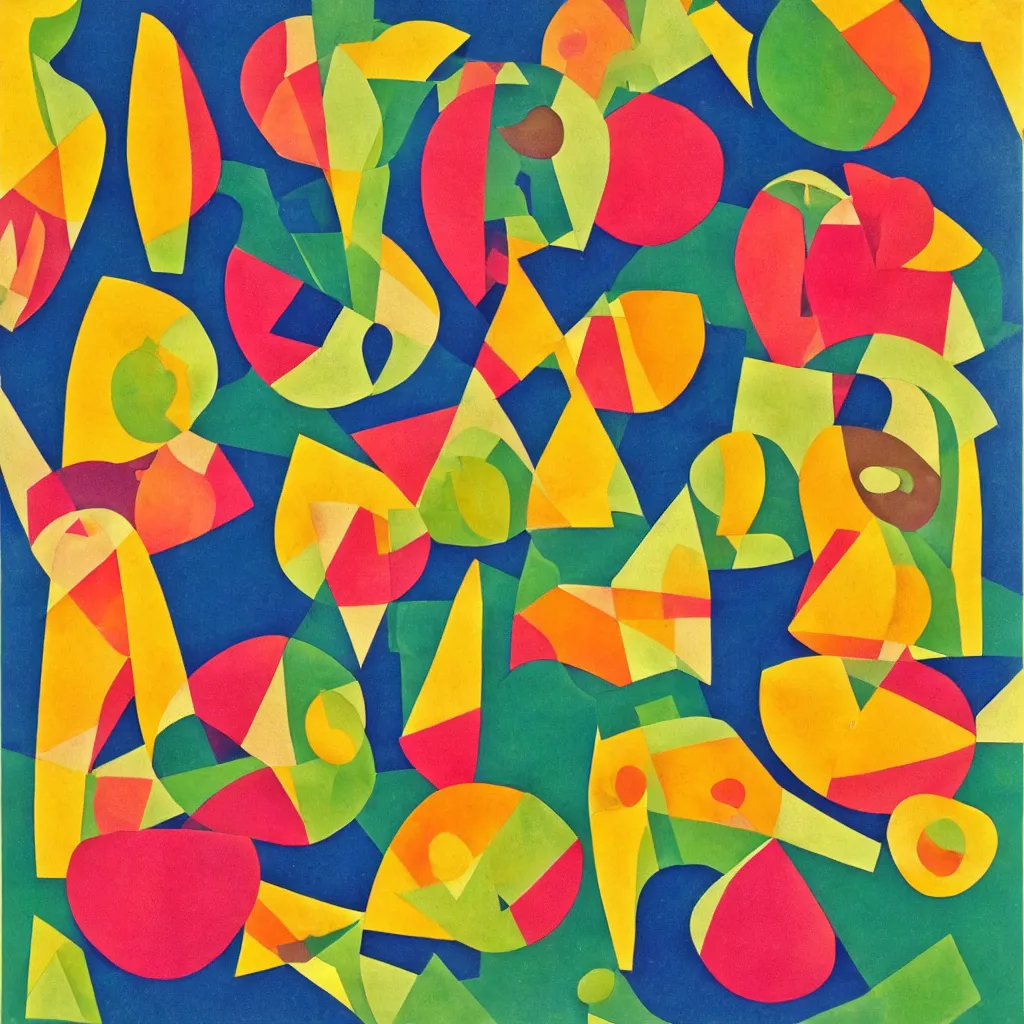 Image similar to apples and mangos in the style of eileen agar and olexander archipenko, noise, stroke around the apples and mangos, cut out effect