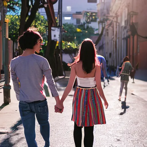 Prompt: street photography young adult couple holding hands. Skinny tall Latino short dark brown hair male, thick short Filipino long hair female. Colorful sunny day Nikon p500