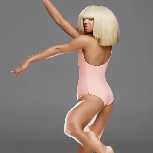 Prompt: sia furler standings with her back to the camera wearing a skin colored peach thong one piece leotard full body artistic photoshoot pose from behind