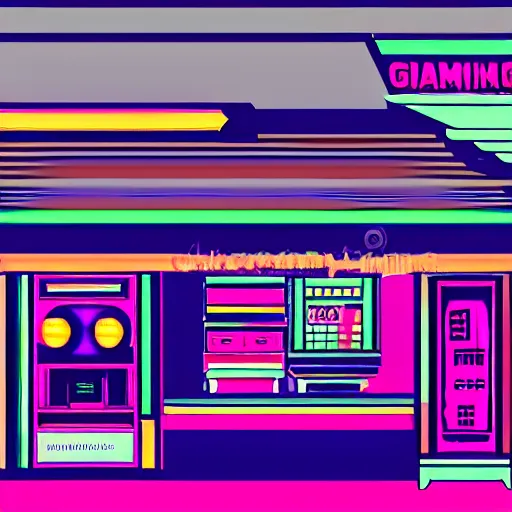 Image similar to art deco vaporwave illustration of a gaming store in a mall in pastel colors