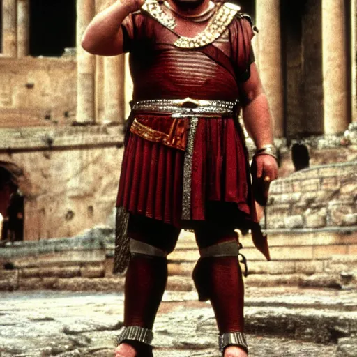 Image similar to danny devito as a roman praetorian in the streets of ancient rome, color film still