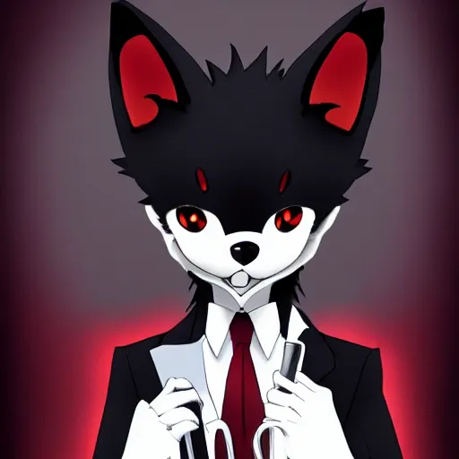 Image similar to key anime visual of a portrait anthropomorphic black male fox anthro furry fursona with long black hairstyle, wearing a wine red business suit, stern menacing male eyes, looking down, modern anime style