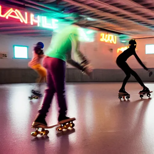 Image similar to people roller skating in a dimly lit roller rink made of cheese