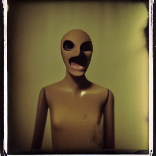 Image similar to a bizzare mannequin with a screaming face in a dark room, abandoned, creepy, eerie, scary, old polaroid, expired film, out or focus,