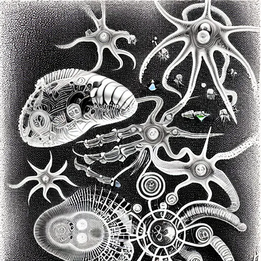 Prompt: a black and white drawing of a variety of sea life and filled with gundam mech equipment space station, a microscopic photo by ernst haeckel, zbrush central, kinetic pointillism, bioluminescence, intricate patterns, photoillustration