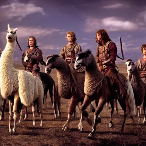 Prompt: The Fellowship of the Ring battling a group of llamas, movie picture