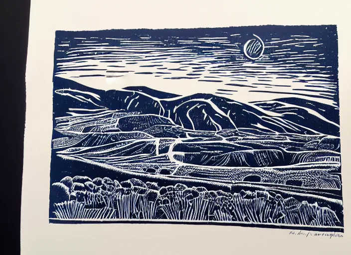 Prompt: a beautiful linocut print on paper of The highlands of Scotland