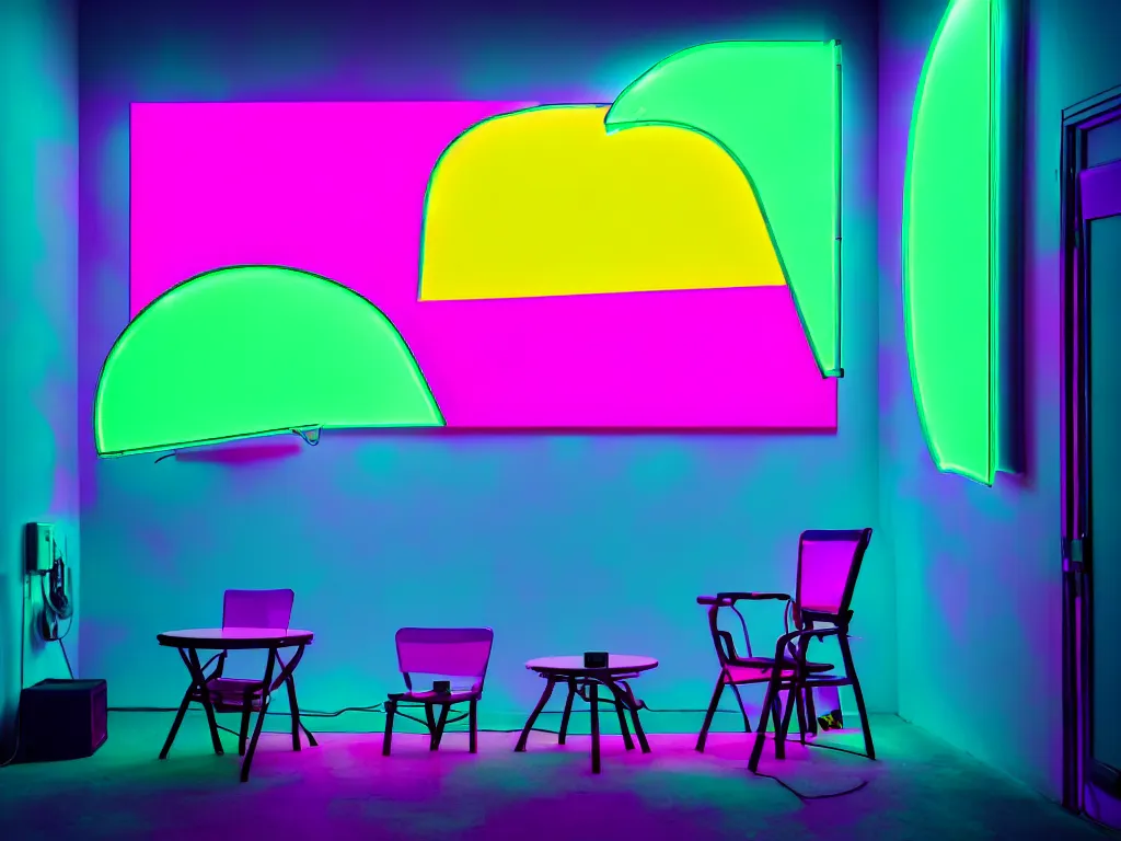 Image similar to room with overlaping curved translucent screens projecting art, large colorful art, pixel perfect image, high contrast, volumetric lighting, tiny neon light, chair, user, pair of keys