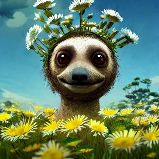 Prompt: a fairy sloth with a crown of daisies ,simon stålenhag, very highly detailed, award winning, rendered by Beeple, by Makoto Shinkai, syd meade, fantasy art concept, digital art, unreal engine, blender, WLOP, trending on artstation, 4K UHD image, octane render, cinematic style