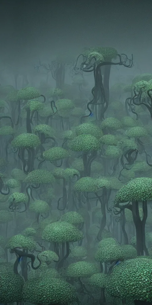 Prompt: a beautiful forest full with hundreds of giant floating octopusses, beautiful low light, octane render 8 k