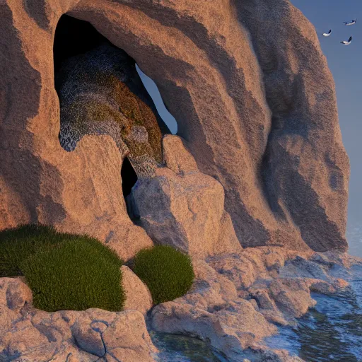 Prompt: a beautifully highly detailed portrait of a raven under a rock arch coves crashing waves plants at beautiful serene sunset detailed organic textures by frederic leighton and rosetti and turner and eugene von guerard, 4 k, octane render