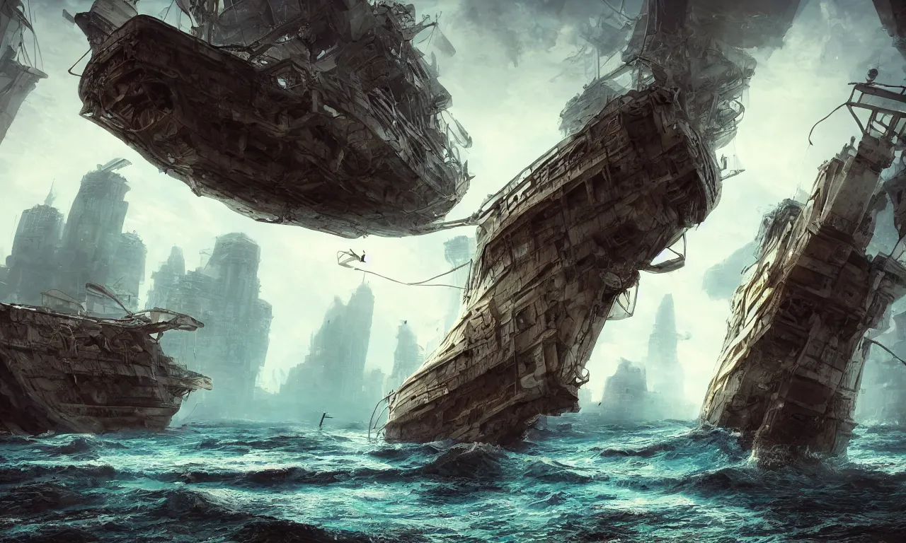 Prompt: beautiful Egyptian shipwreck, futuristic, cyberpunk, highly detailed, photorealistic, sharp focus, cinematic composition, cinematic lighting, detailed, art nuveau