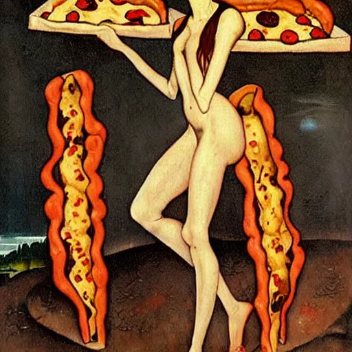 Image similar to skinny lady with red hair covered by pizzas in Hell, painted in style of Hans Memling