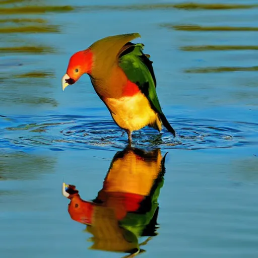Image similar to lovebird sitting in water, reflective, sunny day, landscape photography