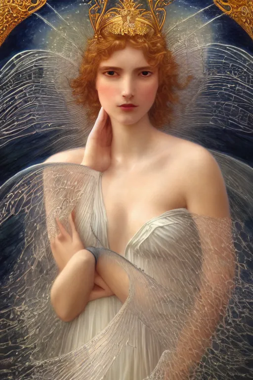 Image similar to a portrait of elegant beautiful queen of the water fairies, gossamer wings, hair made of ocean waves, illustration, dramatic lighting, soft details, painting oil on canvas, art nouveau, octane render, HDR, 4k, 8k, HD, by Edmund Blair Leighton, Brom, Charlie Bowater, trending on artstation, faces by Otto Schmit