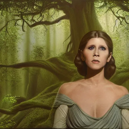 Image similar to Portrait of Carrie Fisher in Star Wars (1977) as a dryad, characteristic sparkling green eyes, looking straight to the camera, illuminated for rays of light, behind her is an ancient forest full of life, by Annie Leibovitz, Ellie Victoria Gale and Steve McCurry, matte painting, oil painting, naturalism, 4k, 8k